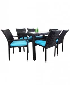Boulevard Wicker Outdoor rectangular Dining table and dining Chair set of 7 in blue Cushion suitable for balcony and patio (2) | Wihardja Furniture Singapore