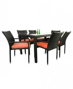 Boulevard Wicker Outdoor rectangular Dining table and dining Chair set of 7 in orange Cushion suitable for balcony and patio (2) | Wihardja Furniture Singapore