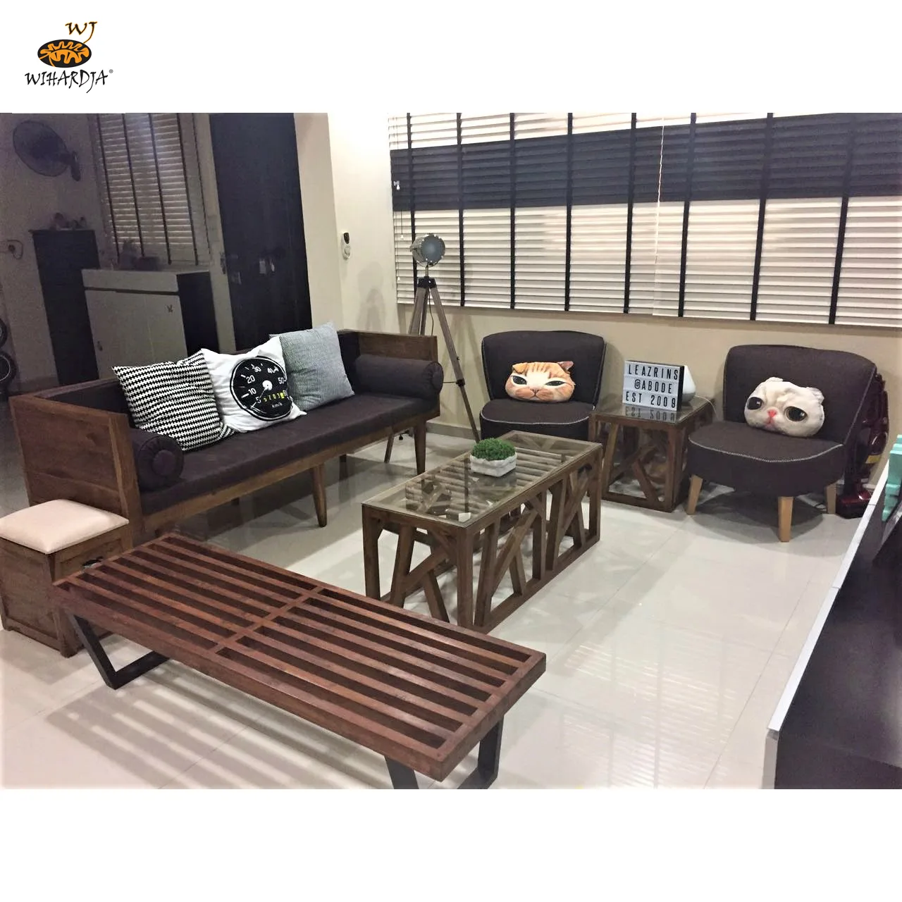 teak wood sofa with storage stool and nelson bench with contemporary coffee table | Wihardja Furniture Singapore