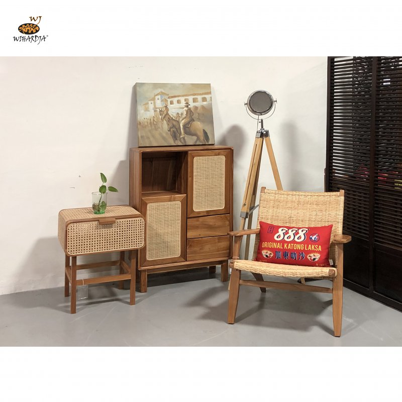 rattan teak side table with display cabinet and a wicker lounge chair