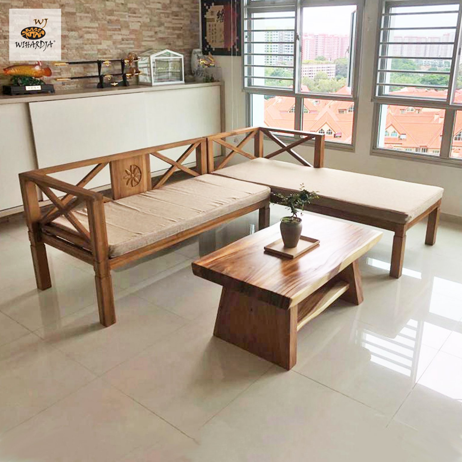 light wood l-shaped daybed sofa singapore
